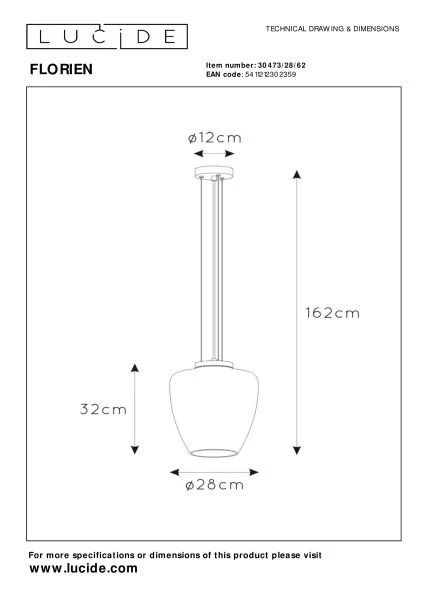 Lucide FLORIEN - Hanglamp - Ø 28 cm - 1xE27 - Amber - technisch